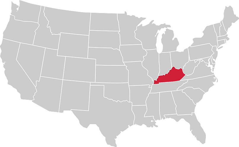 United States map with state of Kentucky highlighted in Red