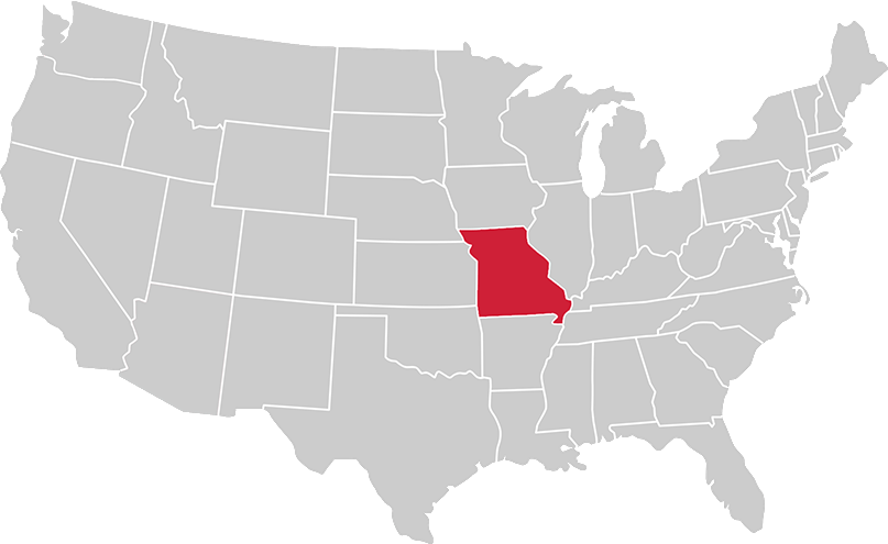 United States map with state of Missouri highlighted in Red