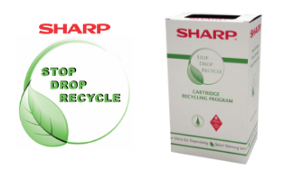 Sharp Recycling Program logo including the words: Stop, Drop, and Recycle and an image of Toner Cartridge Recycling program drop box