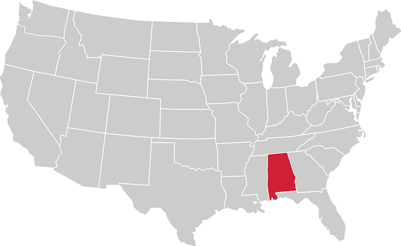 United States map with state of Alabama highlighted in Red