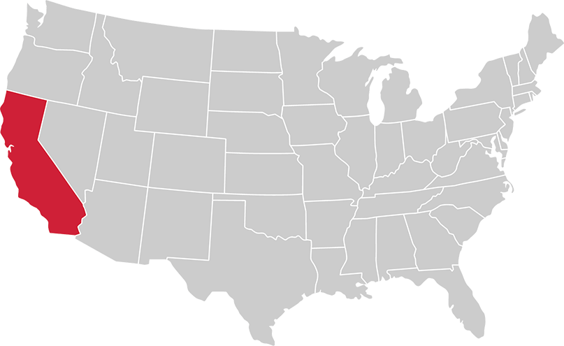United States map with state of california highlighted in Red