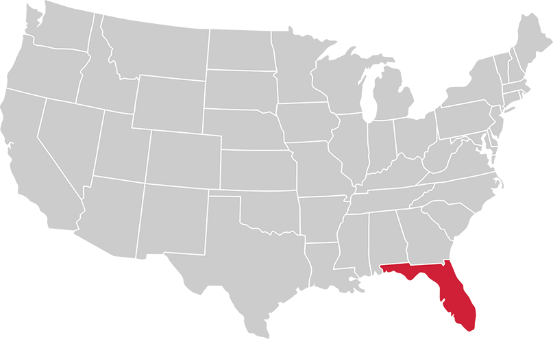 United States map with state of Florida highlighted in Red