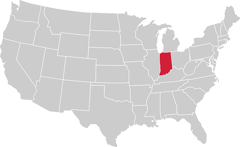 United States map with state of Indiana highlighted in Red
