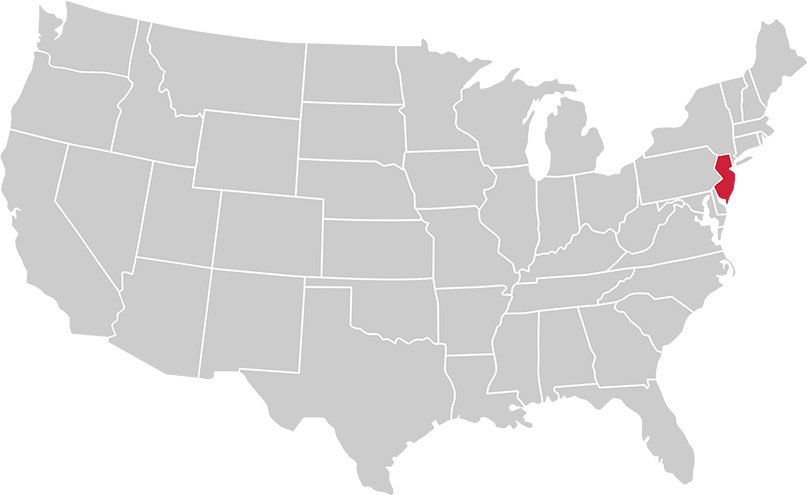 United States map with state of New Jersey highlighted in Red