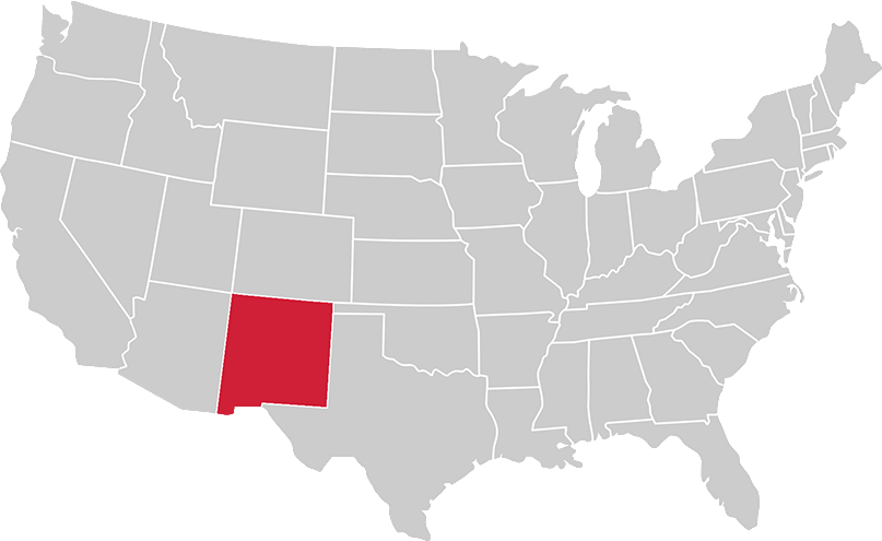 United States map with state of New Mexico highlighted in Red