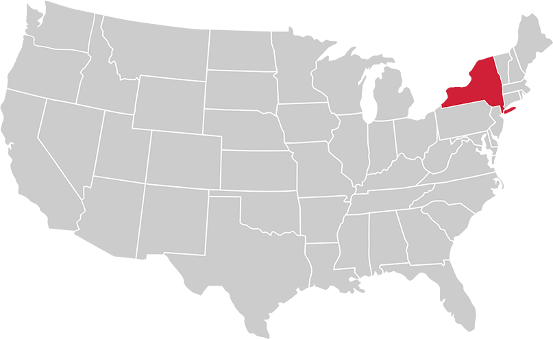 United States map with state of New York highlighted in Red
