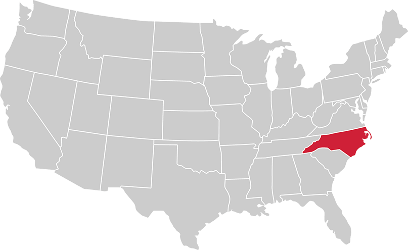 United States map with state of North Carolina highlighted in Red