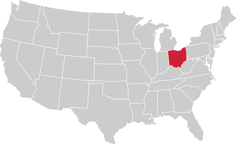 United States map with state of Ohio highlighted in Red