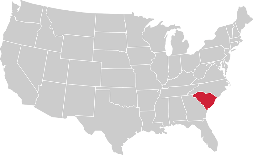 United States map with state of South Carolina highlighted in Red