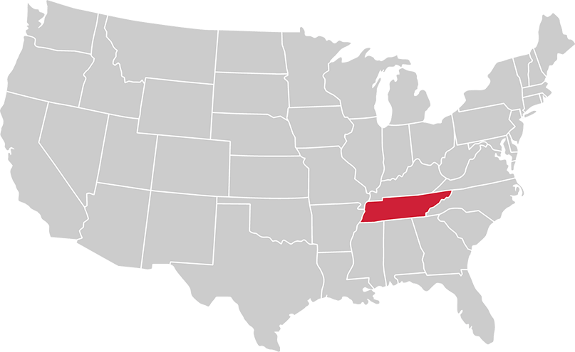 United States map with state of Tennessee highlighted in Red