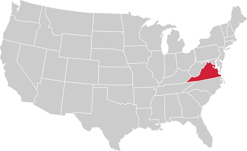 United States map with state of Virginia highlighted in Red