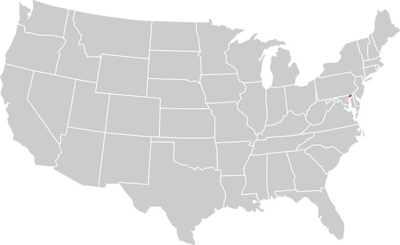 United States map with state of District of Columbia highlighted in Red