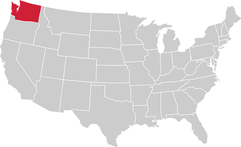 United States map with state of Washington highlighted in Red