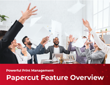 Cover of PaperCut Overview Guide PDF showing group of people sitting at a table with their arms up in the air